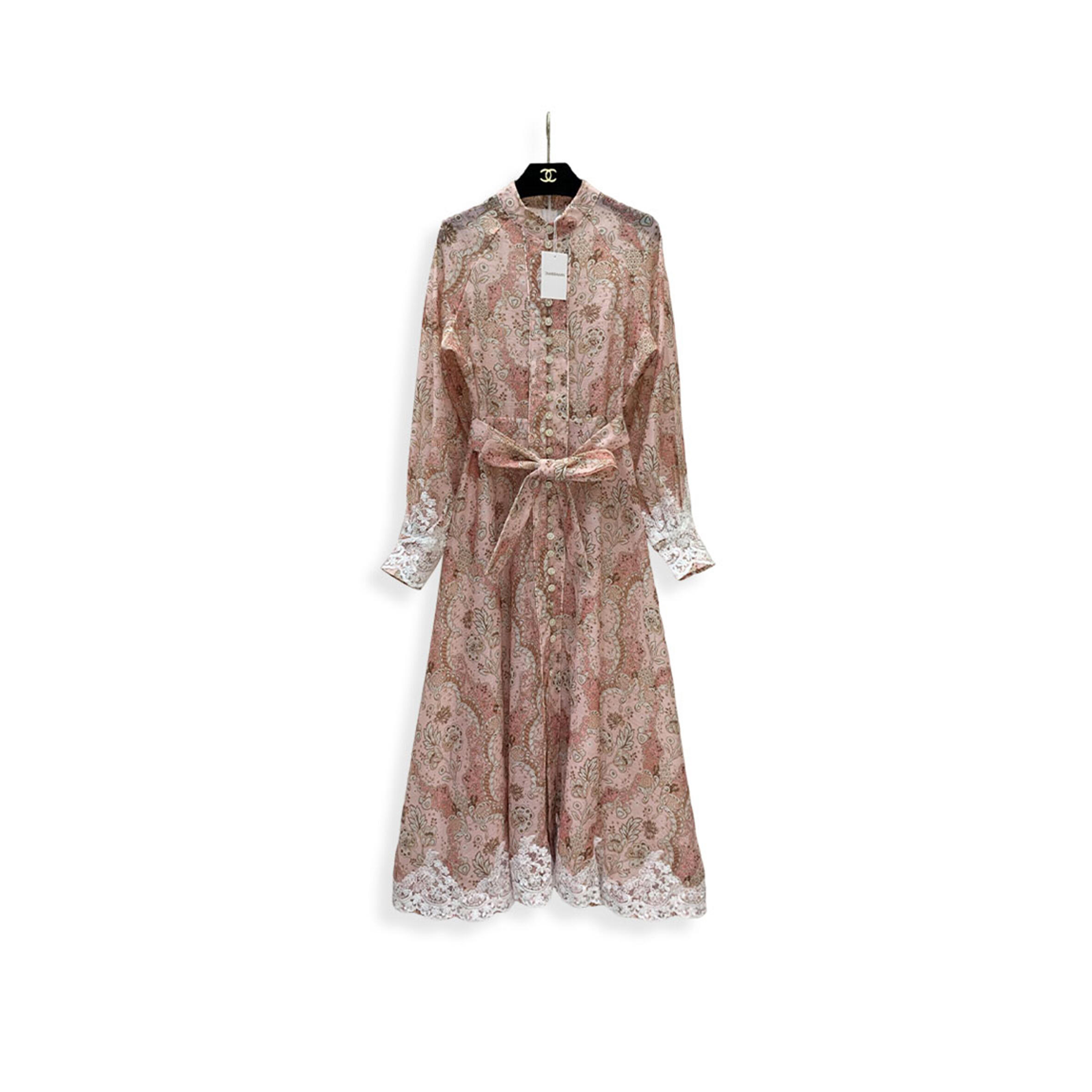 ZIMMERMANN LACE SINGLE BREASTED LONG SLEEVE MIDI DRESS WITH BELT 